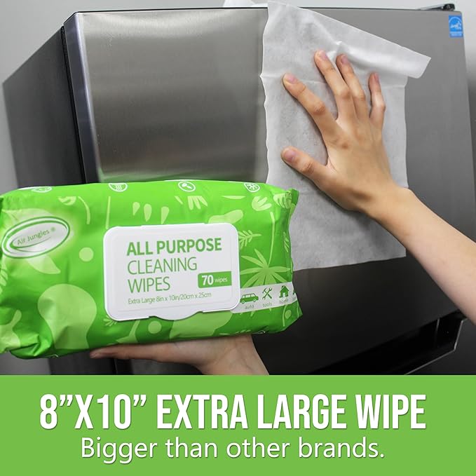 Air Jungles All Purpose Car and Home Cleaning Wipes 70 Count, Extra Large 8" x 10" for Car Interior, Household Appliance, Furniture, Gym Equipment, Table Chair, for Cafeteria School Office