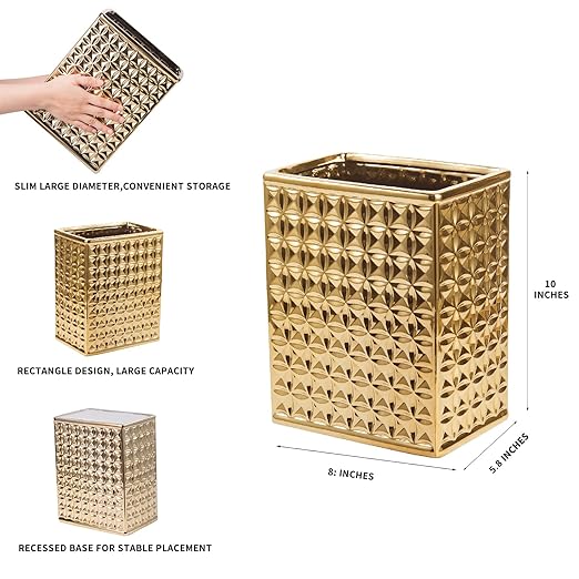 Trash Can for Bathroom, Small Office Garbage Can for Kitchen, Slim Rectangular Waste Bin, Ceramic, Gold