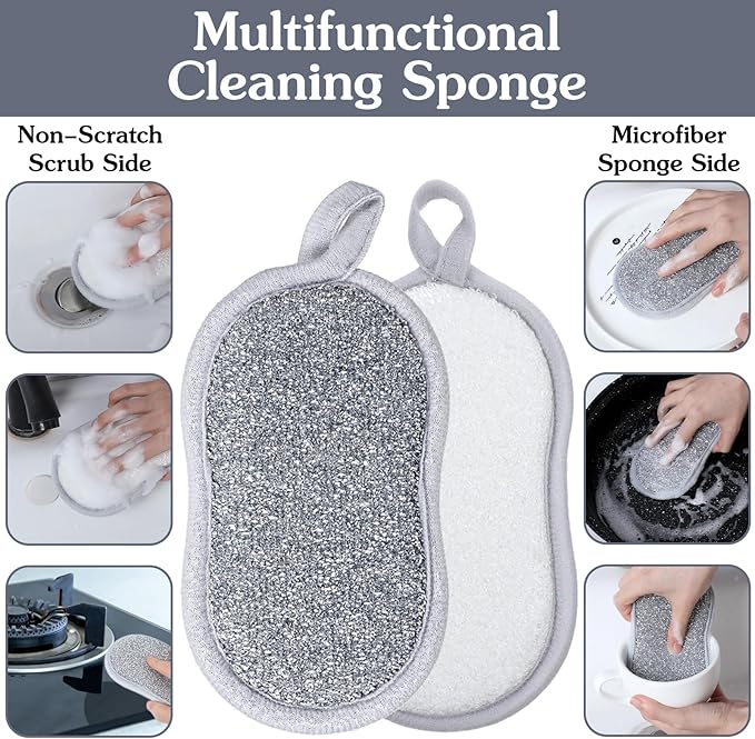 24 PCS Multi Purpose Scrub Sponges Gray Non Scratch Microfiber Sponge Cleaning Dish Scrubber Reusable Dish Sponges for Washing Dishes Along with Heavy Duty Scouring Power