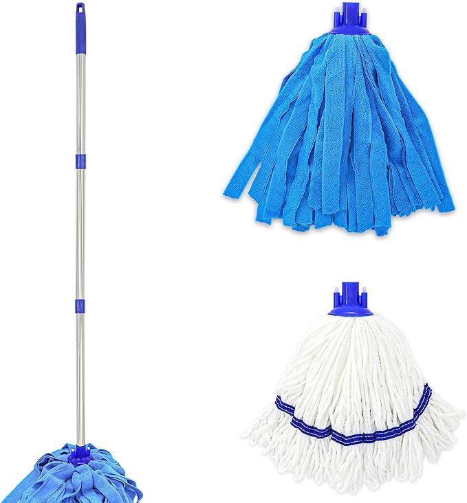 One Mop Handle With Two Microfiber Heads (1 Handle & 2 Heads) Blue
