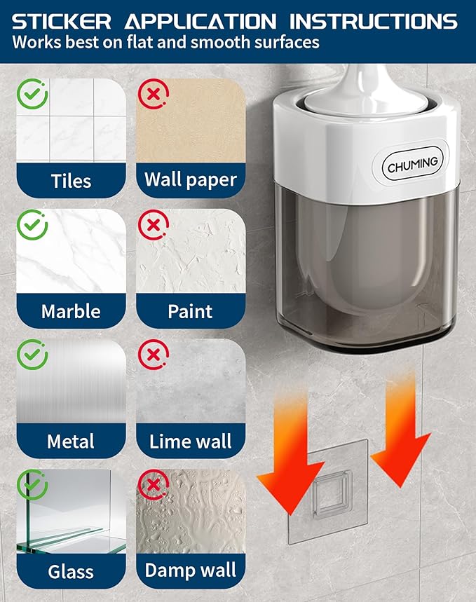 Toilet Brush and Holder Set, 2 Pack Wall-Mounted and Free-Standing Dual Use Toilet Scrubber with Half-Round Design, High-Density Bristle Head, Plastic Toilet Bowl Brush Cleaner for Bathroom (Square)