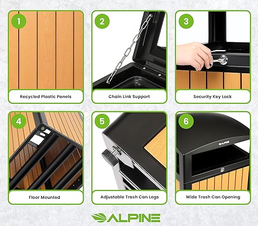 Alpine 40 Gallon Commercial Outdoor Trash Can with Lid - Modern Heavy Duty Large Outdoor Garbage Can with Durable Plastic Bin, Slatted Recycled Plastic Panels for Patio, Parks, Trails & Resorts (CD)
