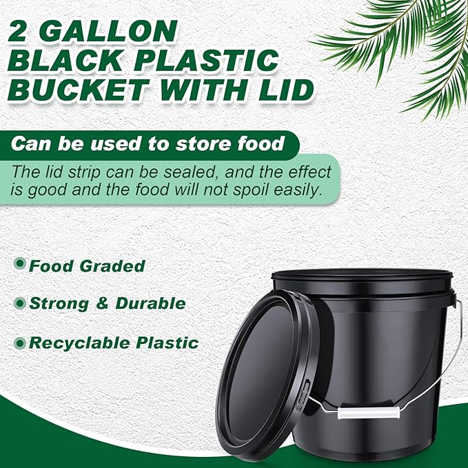 6 Pack 2 Gallon Plastic Bucket with Lid Heavy Duty Pail with Metal Handle Reusable Small Multipurpose Paint Buckets Container for Food Storage(Black)