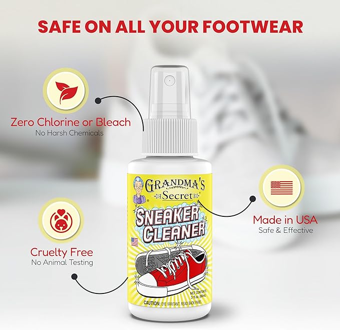 Grandma's Secret Sneaker Cleaner - for Rubber, Canvas, Leather, Stain Remover Spray Removes Dirt, Grime, Grass - Cleaner for Outdoor Shoes, Slippers, Moccasins - 16oz & 3oz Combo