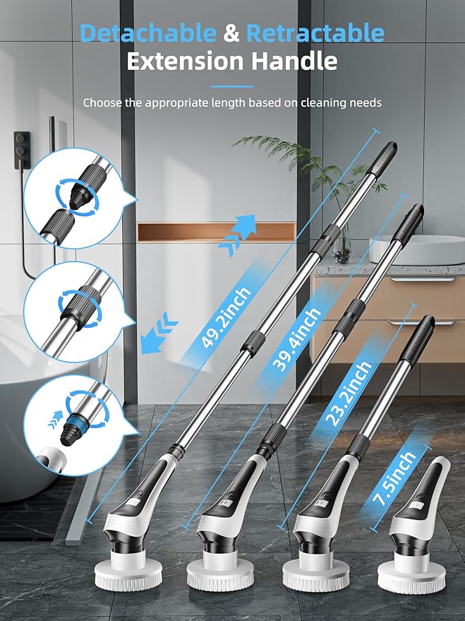 Electric Spin Scrubber,Cordless Shower Scrubber with Power Display Screen,IP68 Waterproof Bath Cleaning Brush,Adjustable Extension Handle & 2 Speeds,Electric Cleaning Brush for Bathroom,Kitchen,Tub