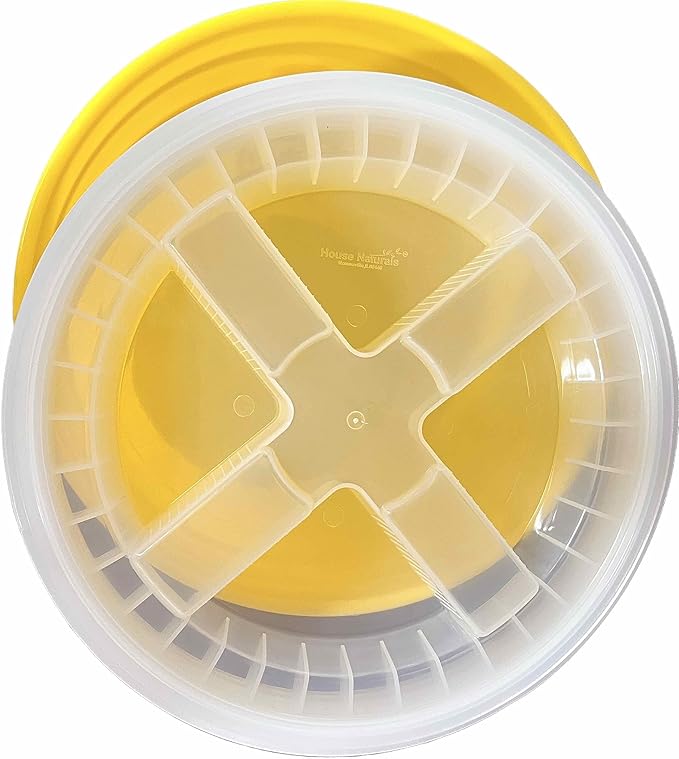 House Naturals 5 Gallon Plastic Yellow Food Grade BPA Free Made in USA Bucket Pail with Air Tight Double Gasket Screw on Lid(Pack of 3) (Yellow and Clear lids)