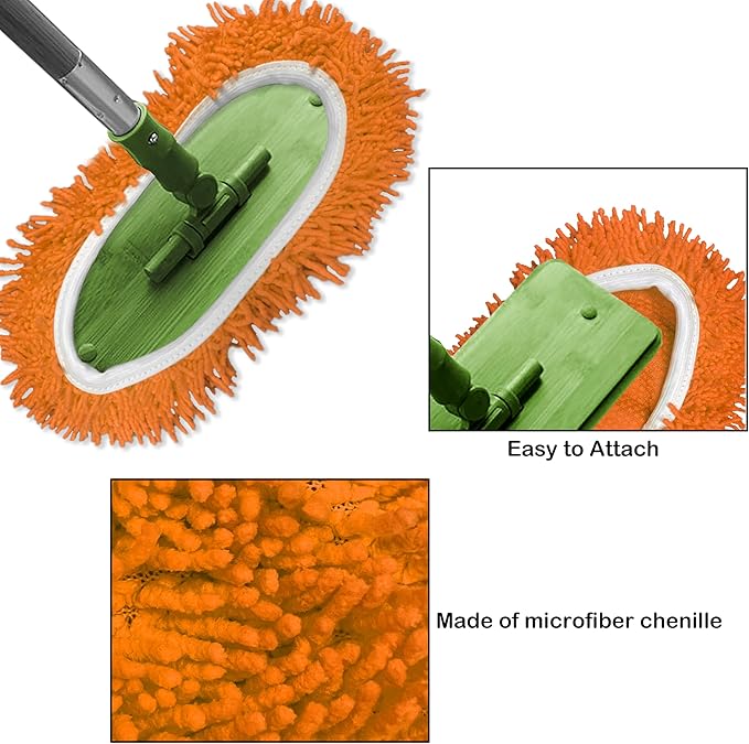 Reusable Microfiber Chenille Mop Pads Compatible with Swiffer Sweeper, Dry Sweeping Cloths & Wet Mopping Cloths, Refills for Hardwood Surface Floor Cleaning, 4 Pack (Orange)