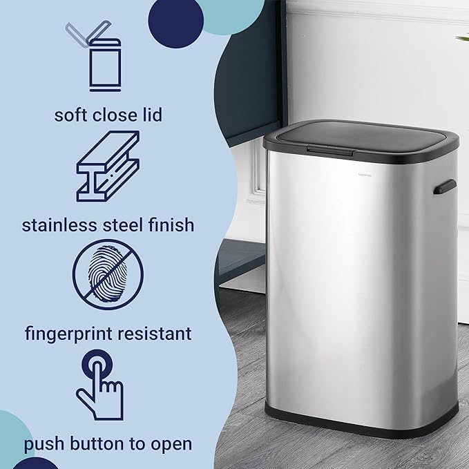 happimess HPM1017A Tammi Kitchen 14.5-Gallon Slim Metal Push Button Trash Can, Fingerprint Resistant, Modern, Minimalistic for Home, Kitchen, Laundry Room, Office, Bedroom, Bathroom, Platinum Silver