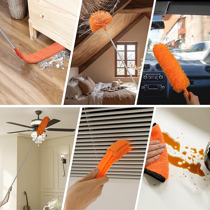 JEHONN Cobweb Duster with Extension Pole 96 inches, 8 PCS Extendable Long Handle Microfiber Feather Dust Remover, Telescoping Dusting Kit for Cleaning High Ceiling Fan, AC Vent House Exterior