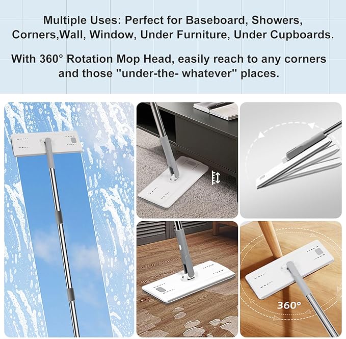 Flat Mop and Bucket with Wringer Set, Hands-Free Floor Mop and Bucket with 3 Reusable Washable Microfiber Pads and 66" Stainless Steel Handle, Wet and Dry Use for Home Floor Cleaning