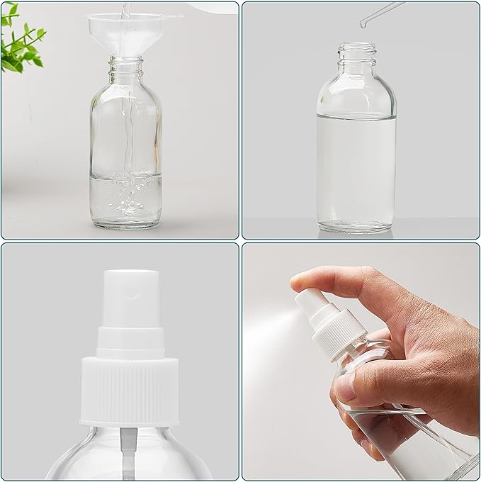 Clear Glass Spray Bottles 4 oz, Small Empty Spray Bottles for Essential Oils, Fine Mist for Face, Hair, Plants, Travel, Perfumes, Cleaning Solutions - 4 Pack