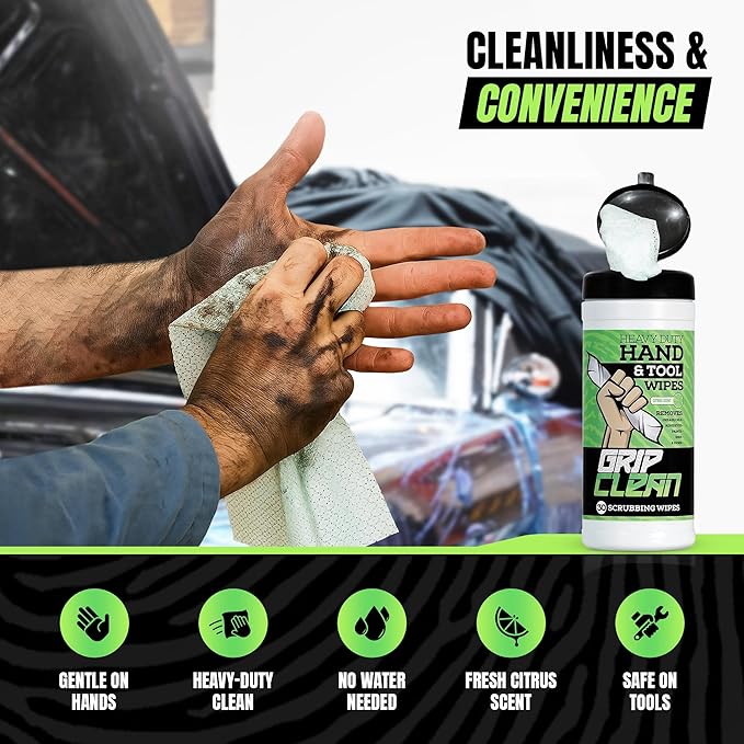 Grip Clean Heavy Duty Hand & Tool Cleaning Wipes – Waterless Hand Cleaner for Mechanics, Garage & Shop Use – Dual-Sided Grease, Oil & Paint Remover Wipes with Citrus Scent - 30ct