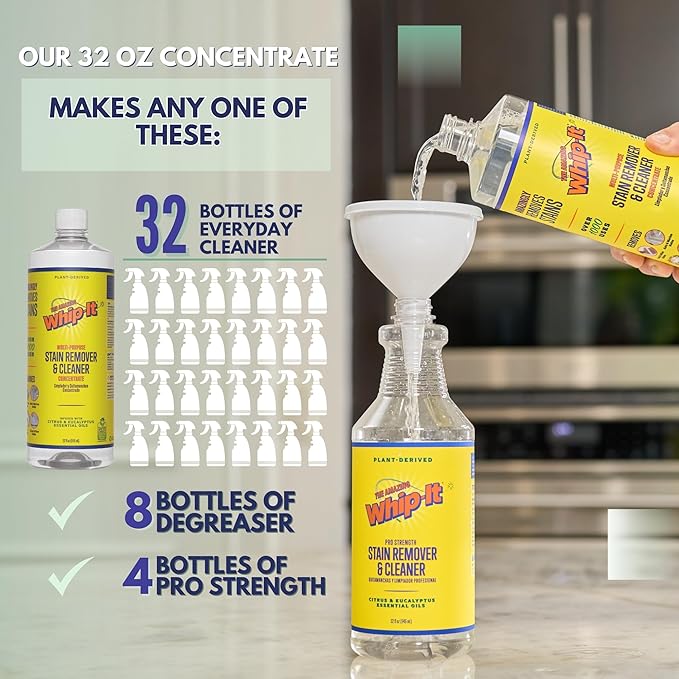 Whip-It Stain Remover and Concentrate Kit, 2-32oz Concentrates & 1-32 OZ Pro Spray Stain Remover, Makes 64 Bottles, Removes Coffee, Wine, Baby Stains, Pet Stains, Plant Based, Enzyme Cleaner, 500 Uses