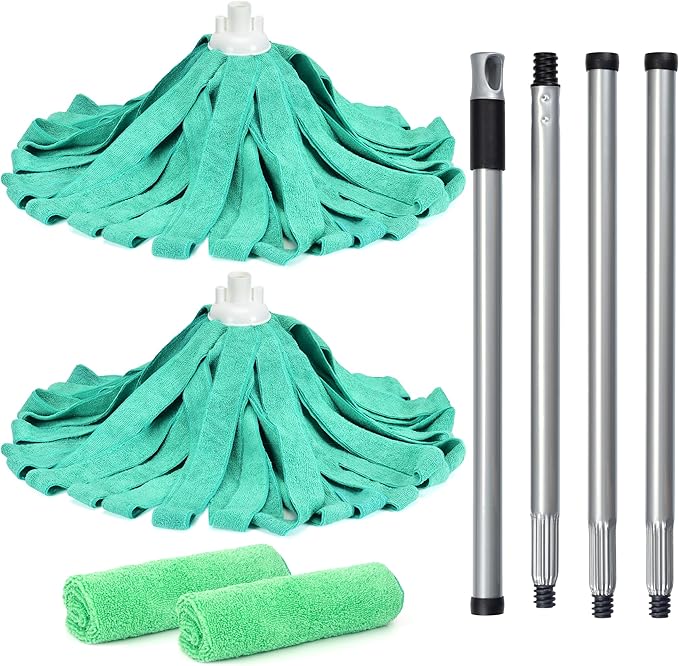 Matthew Microfiber Cloth Mop Compatible with Ceda Microfiber Cloth Mop Refill Commercial Replacement 54" Stainless Steel Handle with 2 Wet Mop Heads w/1 Handle Incl.2Pcs Microfiber Towels-Green