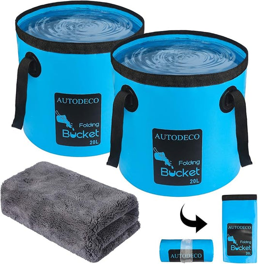 AUTODECO 2 Pack Collapsible Bucket 5 Gallon Container Folding Water Bucket Portable Wash Basin for Outdoor Travelling Camping Fishing Gardening Car Washing 20L