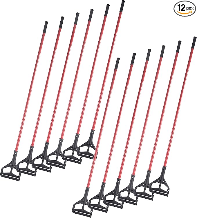 Matthew Cleaning Commercial Quick-Change Iron Mop Handle for Floor Cleaning Heavy Duty Mop Head Replacement Holder 60inch w/Plastic Gripper for Rags Side Gate Wet Mop Handles 12 Packs