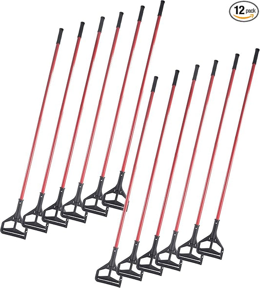 Matthew Cleaning Commercial Quick-Change Iron Mop Handle for Floor Cleaning Heavy Duty Mop Head Replacement Holder 60inch w/Plastic Gripper for Rags Side Gate Wet Mop Handles 12 Packs