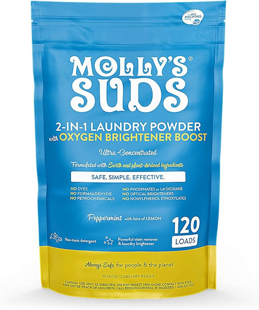 Molly's Suds 2-in-1 Original Laundry Powder with Oxygen Brightener Boost | Clean Laundry Detergent & Stain Remover | Peppermint with Hint of Lemon, 120 Loads