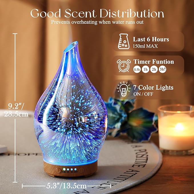 Porseme Oil Diffuser 3D Glass Aromatherapy Ultrasonic Humidifier, Air Refresh Auto Shut-Off, Timer Setting, BPA Free for Home Hotel Yoga Leisure SPA Gift 150ml Last 6H