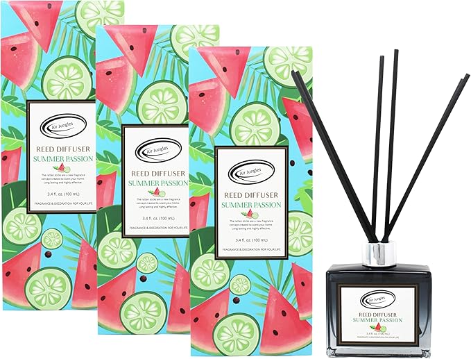 Air Jungles Summer Passion Scent Reed Diffuser Set with Sticks 3.4 fl oz (Pack of 3), Long-Lasting Essential Oil Air Freshener for Bathroom, Office, Gym, and Bedroom Fragrance Freshener