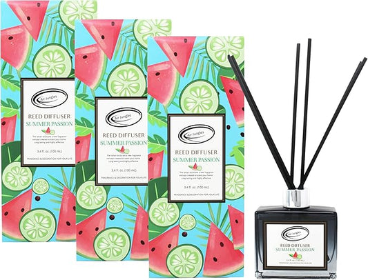 Air Jungles Summer Passion Scent Reed Diffuser Set with Sticks 3.4 fl oz (Pack of 3), Long-Lasting Essential Oil Air Freshener for Bathroom, Office, Gym, and Bedroom Fragrance Freshener