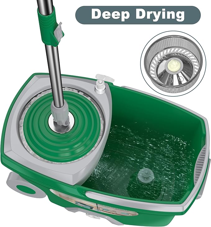 Dual Compartment Spin Mop and Bucket, Mop and Bucket with Wringer Set,360°Rotating Spinning Mopping for Floor Cleaning with 3 Microfiber Replacement Heads, 61" Extended Handle, 2X Wheel - Deep Green