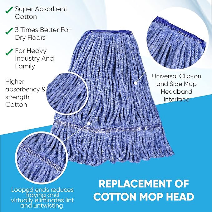 20oz Heavy Duty Cleaning Mop Head Replacement - 4 Pack - Commercial Replacement, Wet Industrial Blue Cotton Looped End String Head Refill
