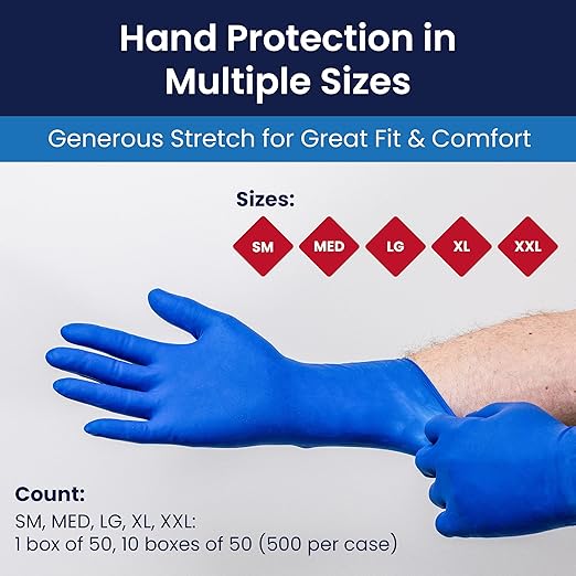 Adenna HER002 Hero 14 mil Powder-Free Latex Gloves, Extended Cuff, Medical Grade, Blue, Small, Box of 50