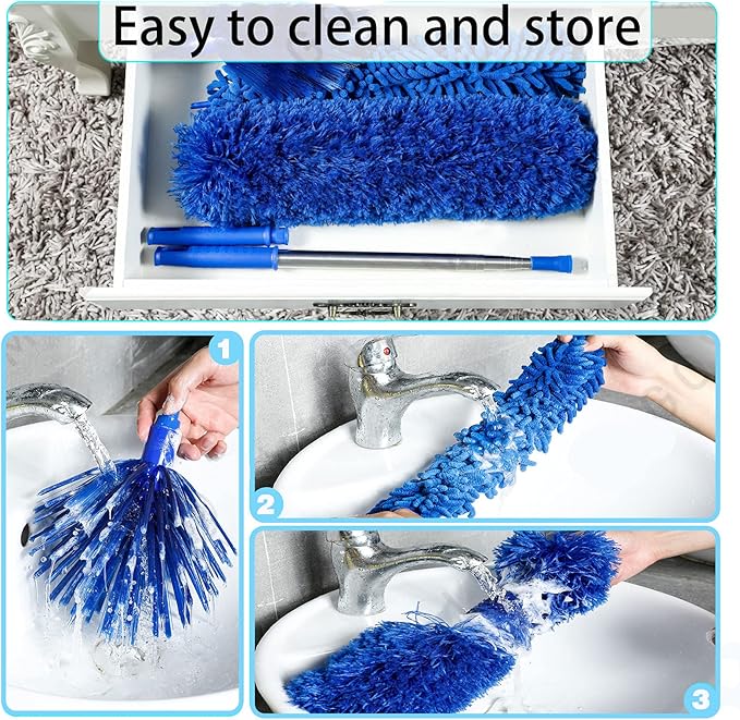 Duster, Microfiber Dusters with 2 Handle Sets, Durable 15-98.1 Inches Long Telescopic Rod, Washable, Feather Dusters for Cleaning Cobweb and Ceilings Fans, 5 Pack (Blue)