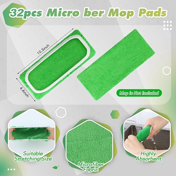 32 Pcs Reusable Mop Pads Microfiber Washable Wet Pads Compatible with Swiffer Refill Dry Sweeping Cloths for Surface Hardwood Floor Household Cleaning, Mop is Not Included(Green)