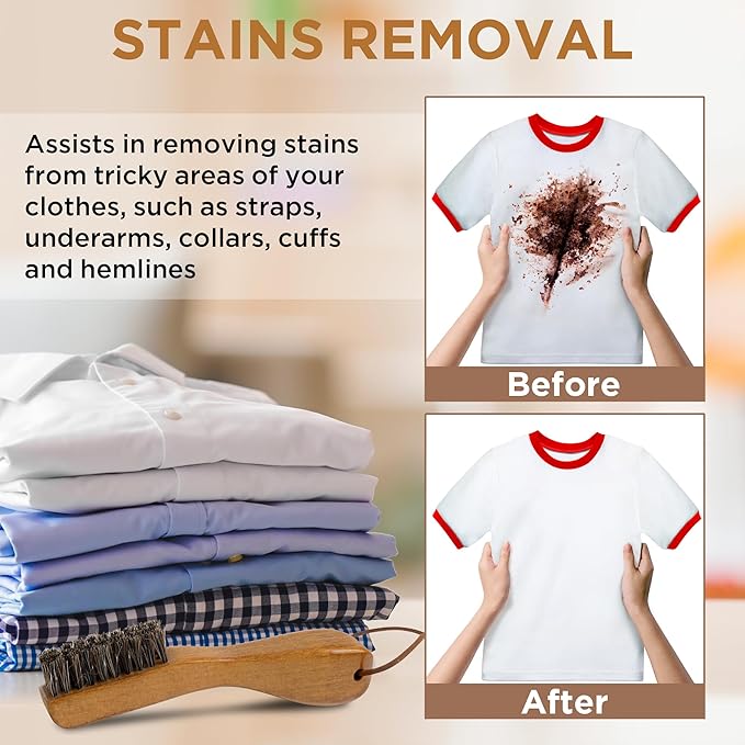 TAKAVU Laundry Stain Brush Set of 2 – Clothes Cleaning Brushes with Horsehair & Wooden Handle – Gentle Fabric Care Brush for Stain Removal, Shoes, Boots & Delicate Garments