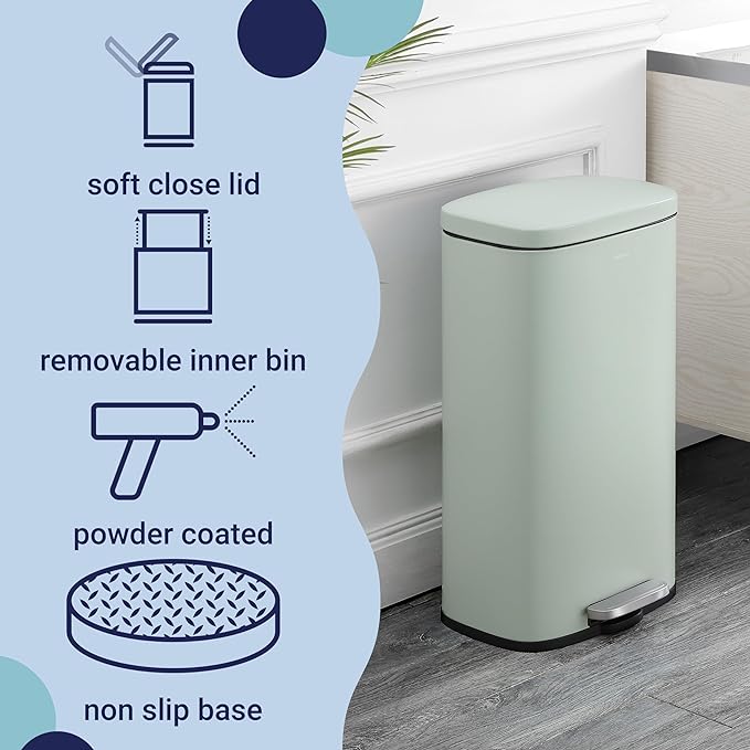 happimess HPM1011H Curtis 8-Gallon Step-Open Trash Can, Fingerprint Resistant, Modern, Minimalistic for Home, Kitchen, Laundry Room, Office, Bedroom, Bathroom, Pistachio Gelato