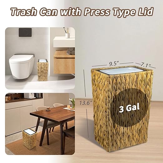 Wicker Trash Can,3 Gallon Wicker Waste Basket,Boho Handwoven Trash Can with Lid for Kitchen Bathroom Office