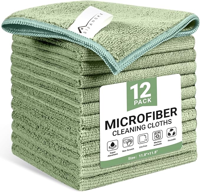 Microfiber Cleaning Cloth, 12 Pack Green Cleaning Rags for Housekeeping, Reusable Microfiber Towels for Car, Kitchen, Bathroom and Household Cleaning Supplies, 11.8"X11.8"