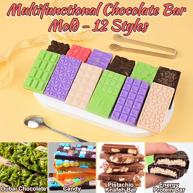 2 Pcs Chocolate Bar Mold, Non Stick Dubai Chocolate Bar Knafeh Pistachio Candy Mold, 12-in-1 Break Apart Design for Dubai Molds, Energy Protein Bar