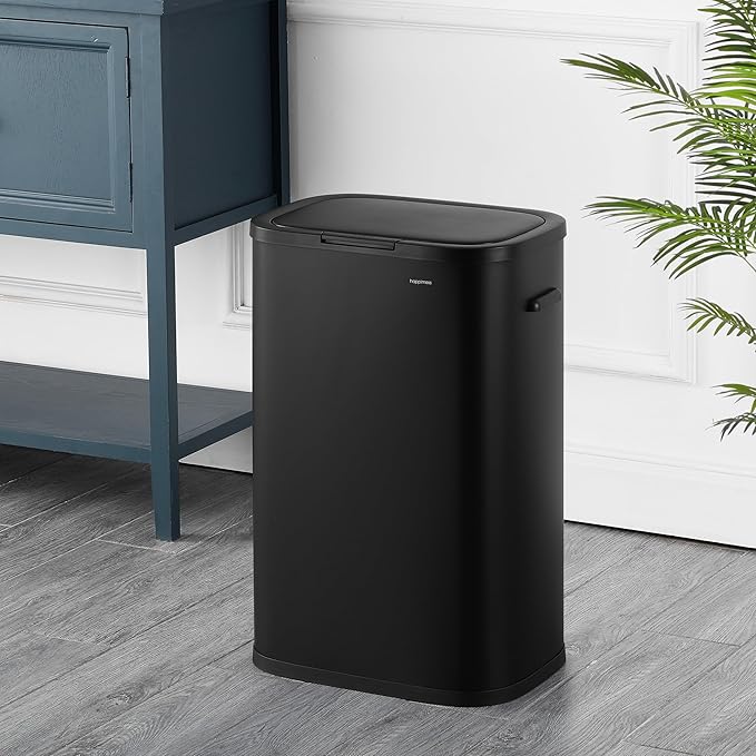 happimess HPM1017B Tammi Kitchen 14.5-Gallon Slim Metal Push Button Trash Can, Fingerprint Resistant, Modern, Minimalistic for Home, Kitchen, Laundry Room, Office, Bedroom, Bathroom, Charcoal Black