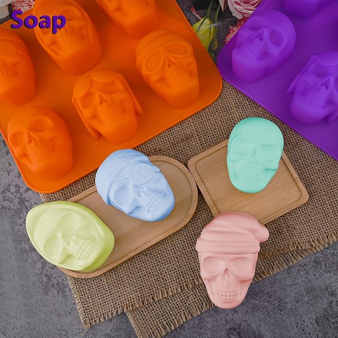 Moukiween 3D Large Skull Soap Silicone Molds Set of 2 Halloween DIY Resin Craft Silicone Mold Chocolate Bomb Ice Cubes Cake Baking Molds