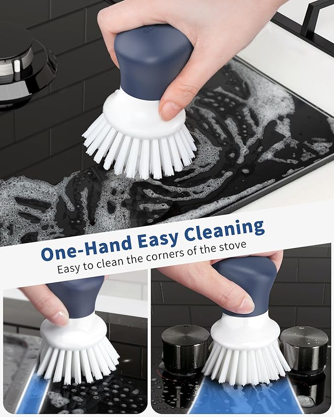 Dish Scrub Brush,Self-Standing Palm Brush with Ergonomic Grip for Cleaning Dishes,Non-Stick Pans and Sinks,Navy Blue,2 Pack