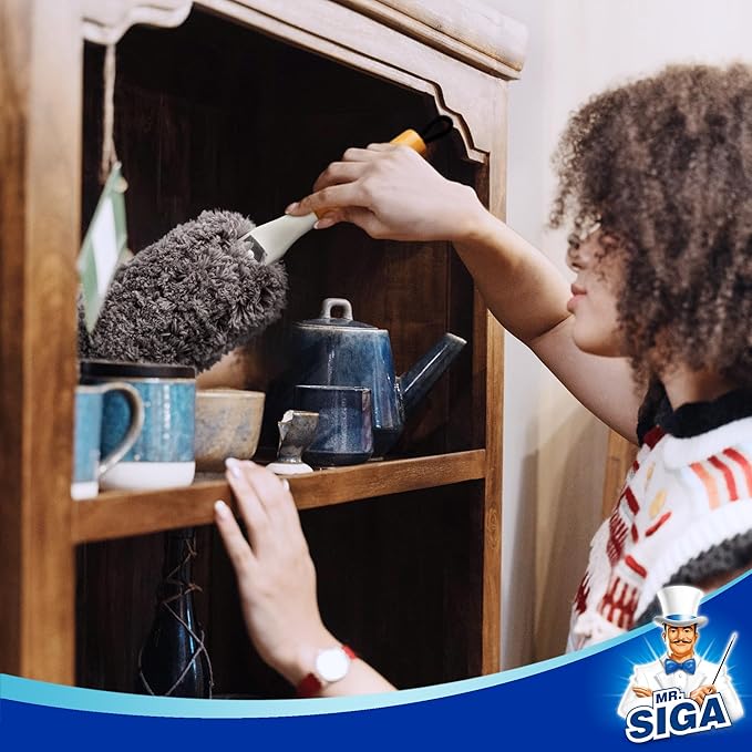 MR.SIGA Lint Free Microfiber Duster, Washable and Reusable Duster with Bamboo Handle and Replaceable Head, Duster for Household Cleaning