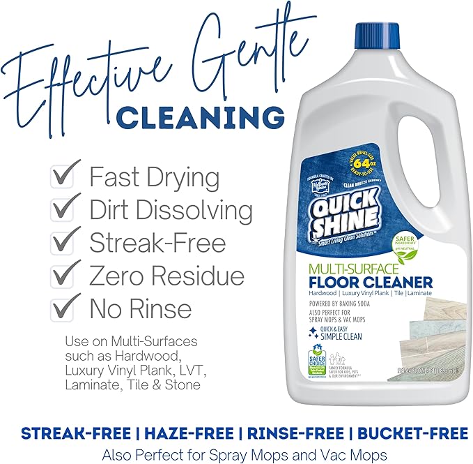 Quick Shine Multi Surface Floor Cleaner 64oz, Ready to Use-Streak Free-No Rinse, Use on Hardwood, Laminate, Luxury Vinyl Plank & Stone, Use in Spray Mops & Vac Mops, Safer Choice Cleaner