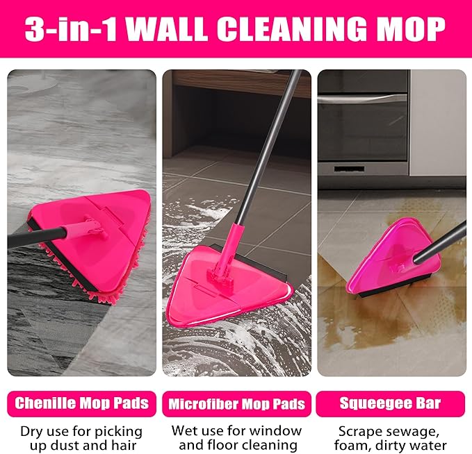 JEHONN Wall Mop with Long Handle 80 inches, Upgraded 180° Collapsible Baseboard Cleaner Tool with Squeegee, Ceiling Duster with 3 Microfiber and 3 Chenille Pads for Cleaning Window, Cabinet (Rose Red)