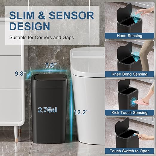 2 Pack 2.7 Gal Bathroom Trash Can with Lid, Automatic Trash Can Small Smart Garbage Can Touchless, Slim Motion Sensor Waterproof Plastic Trash Bins for Bedroom Office Kitchen Toilet Black
