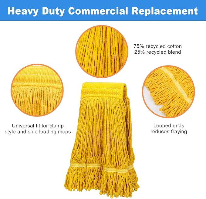 Pack of 2 Heavy Duty Commercial Mop Head Replacement, General Cleaning Mop Heavy Duty Commercial Replacement Wet Industrial Blue Cotton Looped End String Head Refill,Super Absorption and Durability