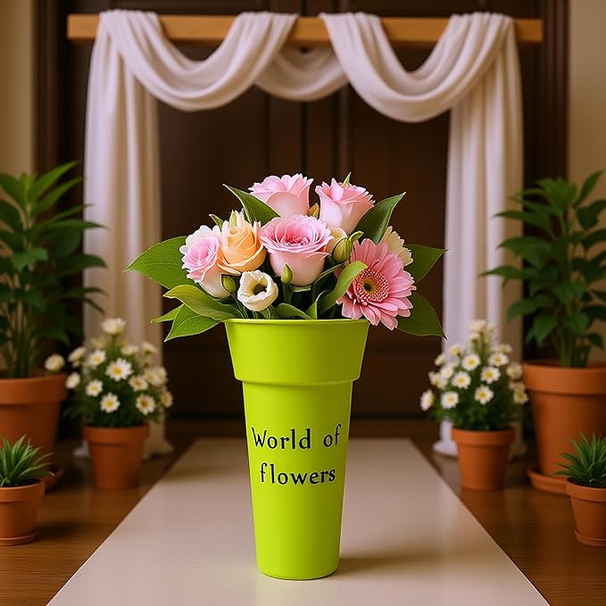 VITAGIR. Set of 6 Buckets for Cut Flowers in Plastic Green Matte Color 14 Inch, Flower Buckets for Flower Bar Ideal for Displaying Flowers in Florist Shop or as Home. (Green)