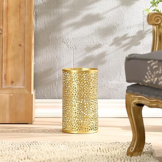 Metal Gold Trash Can, Modern Gold Garbage Can for Office, Cylindrical Metal Waste Basket for Bathroom Bedroom, 7" D x 12" H