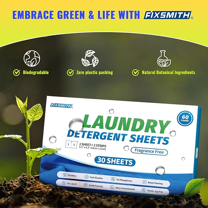 FIXSMITH Laundry Detergent Sheets - 60 Loads (30 Sheets) Fragrance Free - Hypoallergenic,Unscented,Eco Friendly Laundry Detergent Strips Concentrated Travel Detergent Sheets.Plastic-Free,Liquidless