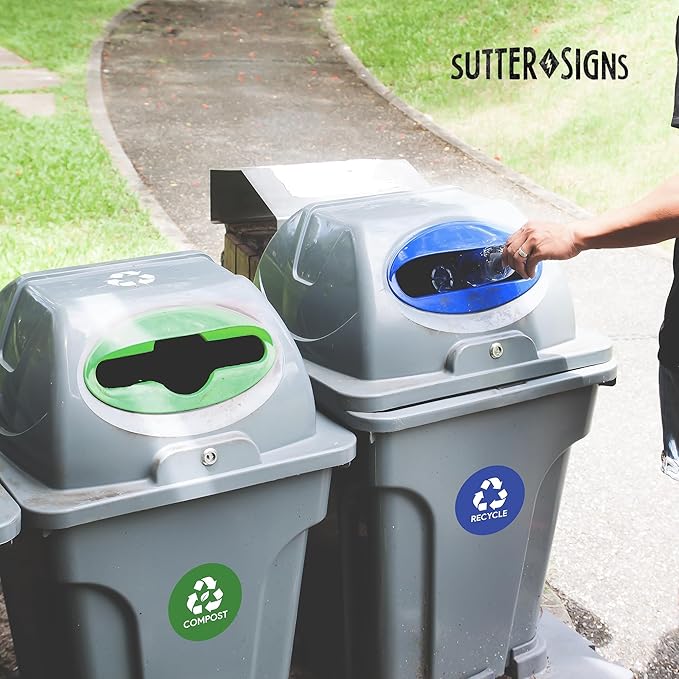Sutter Signs 6pk Trash Compost Recycle Stickers for Trash Bins | 4" Weatherproof Waste Management Label Sign Decals for Garbage Cans, Yard Waste, and Recycling Bins