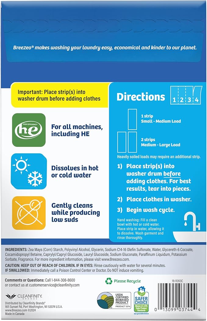 Breezeo Laundry Detergent Strips (48 strips) - Fresh Linen Scent - More Convenient than Pods, Pacs, Liquids or Powders – Great for Home, Dorm, Travel, Camping & Hand-Washing