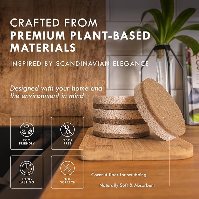 Organic Kitchen Sponges 6-Pack – Non Toxic Sponges for Dishes, Plastic Free & Natural Dish Sponge, Plant Based Cellulose & Coconut Fiber Sponge, Biodegradable, Compostable, Eco Friendly