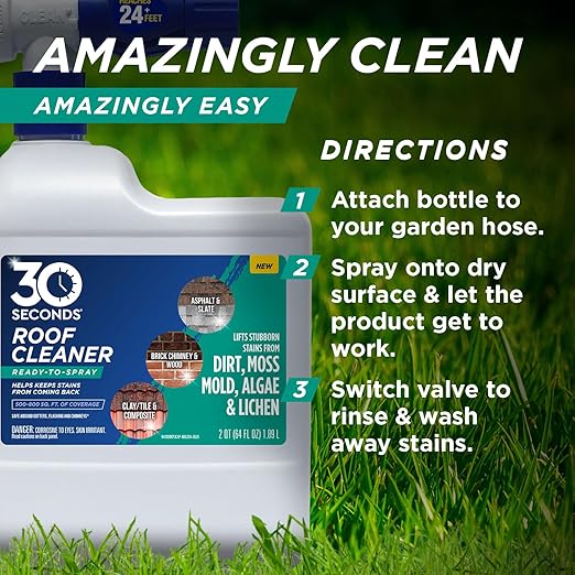 30 SECONDS Roof Cleaner & Protector with Hose End Sprayer - Lifts Stubborn Stains from Dirt, Moss, Mold, Algae & Lichen